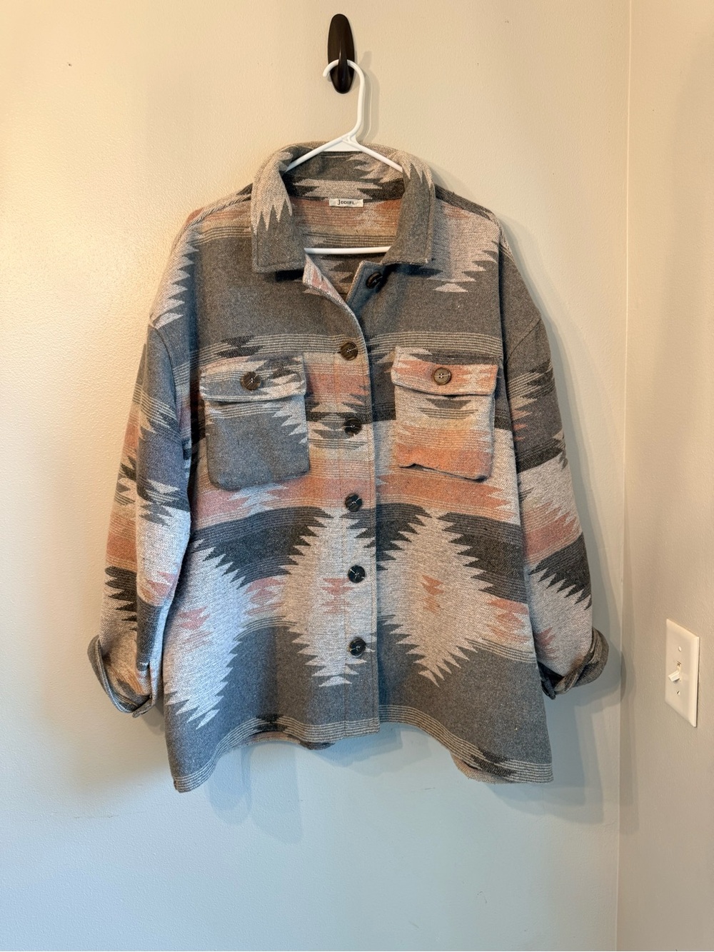 Amazon Gray & Blush Southwestern Pattern Teddy Shacket